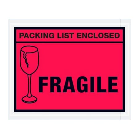 Box Packaging Full Face Envelopes, "Packing List Enclosed-Fragile" Print, 5-1/2"L x 4-1/2"W, Red, 1000/Pack PL493
